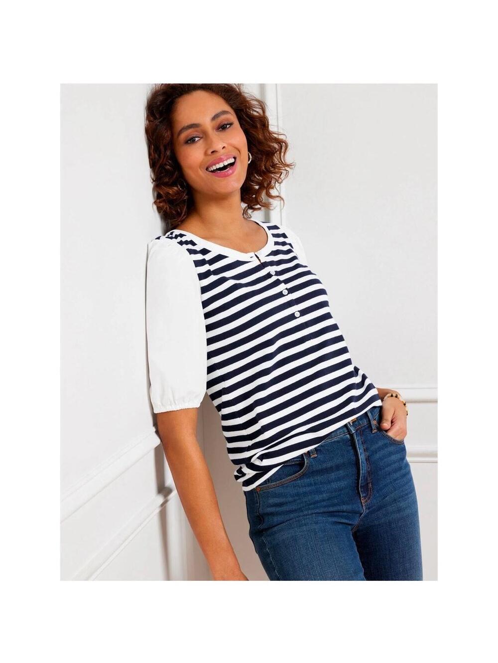 Talbots NWT Cotton Woven Sleeve Henley Tee in Bali Stripe Blue|White-Size PM